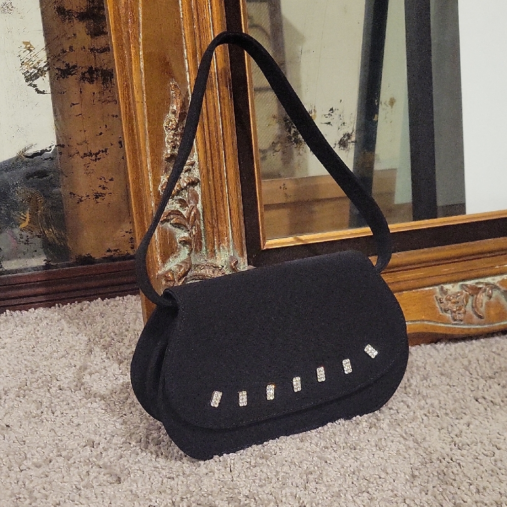 Vintage 90s Elegant Black Handbag with Silver Accents